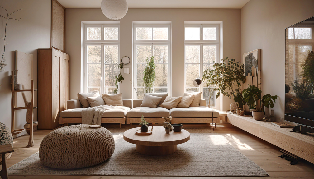 Big windows and wooden furniture. Interior design of scandinavian living room.