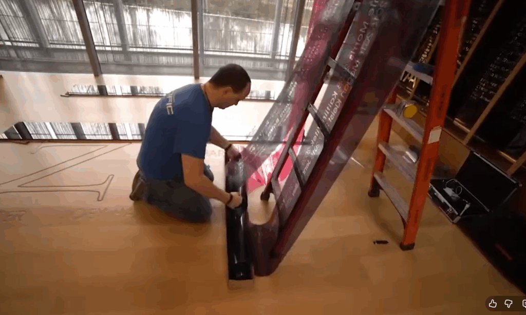 CVrewmember applying decorative film to glass